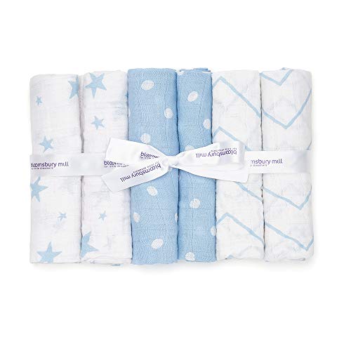 Bloomsbury Mill - Pack of 6 x Super Soft Muslin Squares - 100% Pure Cotton Muslin in Gifting Ribbon - Stars, Chevrons & Polka Dots Designs - Blue & White - 70cm x 70cm