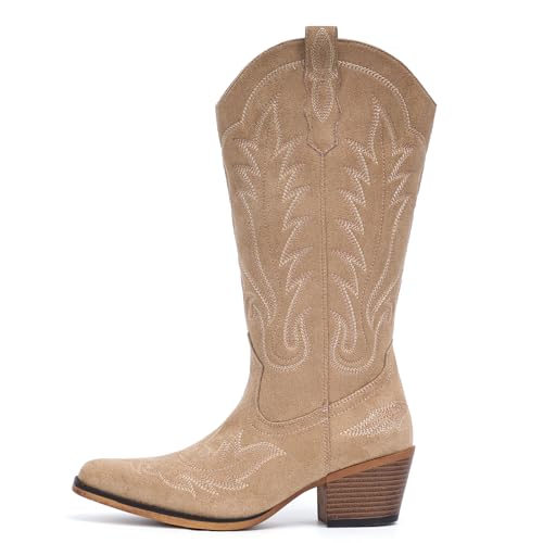 Suede Cowboy Boots for Women Western Mid Calf Cowgirl Boots with Embroidered, Retro Snip Toe Fashion Boot With Chunky Block Heel Summer Fall Country Music Festival Cowboy Chic3