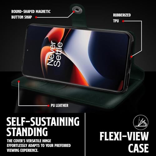 Image of WOW IMAGINE Shock Proof Flip Cover Back Case for 1+ OnePlus 11R 5G (Magnetic Button Flip Case | Wallet Pockets & Stand | Leather Finish | Forest Green)
