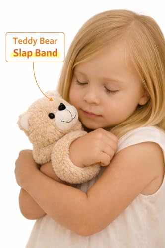 Image of Cute Teddy Bear Plush Slap Bracelet, Beige, Soft Stuffed Animal Wristband, Hugging Bear Toy, Gift for Kids