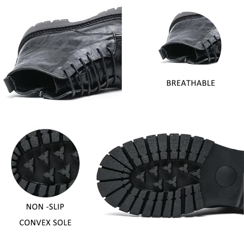 Men's Textured Leather Platform Chunky Low Heel Combat Boots with Side Zipper Vintage Round Toe Lug Sole Non-Slip Lace-Up Motorcycle Boots Work Office Business Casual Oxfords4