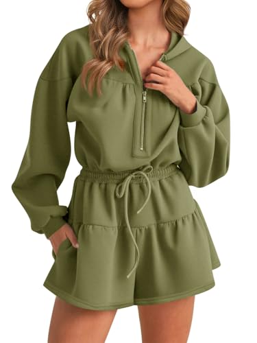 Cicy Bell Womens Rompers Casual One Piece Outfits Half Zip Long Sleeve Hoodies Casual Shorts Drawstring Waist Jumpsuits
