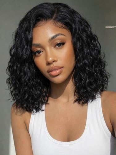 Image of KLAIYI Side Part Bob Water Wave Glueless 6x4 Lace Front Wigs Human Hair 10 inch