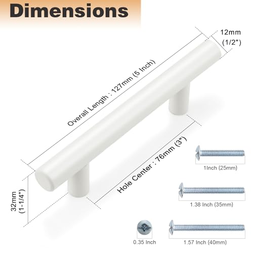 Image of Probrico 20 Pack| 3 Inch Hole Centers Cabinet Pulls White Euro T Bar Handles Modern Cabinet Hardware Cupboard Drawer Closet Handles