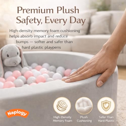 Image of Baby Toys Foam Ball Pit, Baby Toy for Kids Playing Items Indoor, Baby Boy Toys & Baby Play Area Indoor Setup, 90 x 90 x 30 cm Soft Ball Pool for Kids, Happy Grey, Balls Not Included