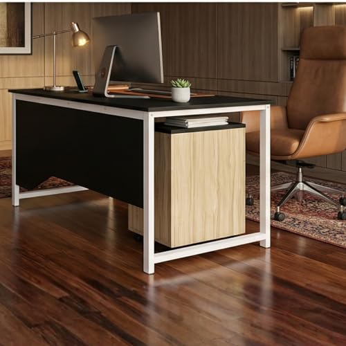 Image of Executive Director Desk | Office Table | Manager Cabin Work Desk with Modesty Panel & Cable Grommet | Sturdy Metal Frame | Black Top & White Base | DIY Installation