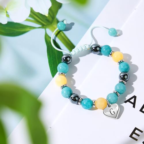 Image of Blue Initials Heart Natural Stone Beaded Bracelet for girl | Adjustable Natural Stone Beaded Bracelets for Girls Jewellery | Daughter /Granddaughter /Niece /Bracelets for Girls Jewellery