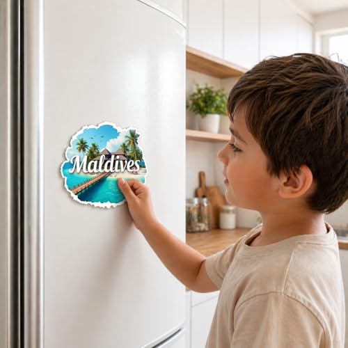 Image of Naxon Maldives Beach Paradise Theme Souvenir Wooden Fridge Magnet | Crystal Clear Water, Overwater Villas & Tropical Island Design 3x3 Inch Refrigerator Magnet for Kitchen & Home Decor | Pack of 1