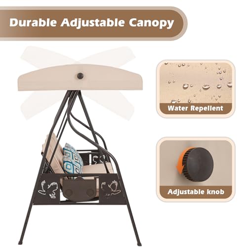 Image of ZZW 3-Seat Outdoor Porch Swing with Stand, Patio Swing with Canopy, 2 in 1 Porch Swing Bed & Patio Swing Chair for Adult, Yard Swing w /Extra Pillows and Cup Holder