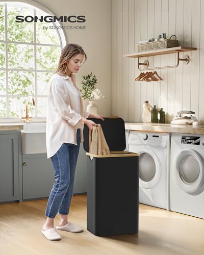 SONGMICS Laundry Basket with Lid, Large Laundry Hamper, 90L, Removable Mesh Liner, Oxford Fabric, Bamboo Handles, Collapsible, 42 x 32 x 70.5 cm, Ink Black LCB509B01