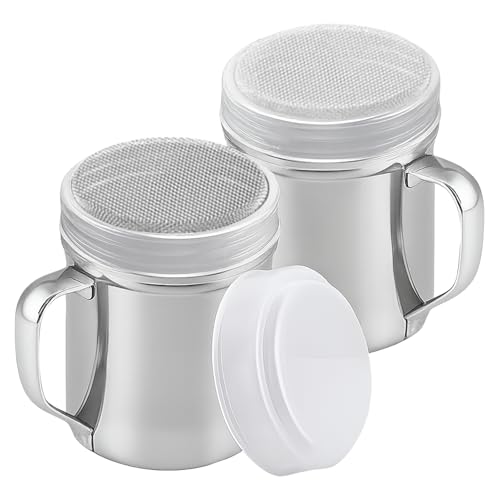 2 Pack Stainless Steel Spice Shaker Large Chocolate Powder Shaker with Fine Mesh and Handle Versatile Chocolate Sprinkles for Cappuccino and Baking Ideal for Flour Icing Sugar and Seasoning