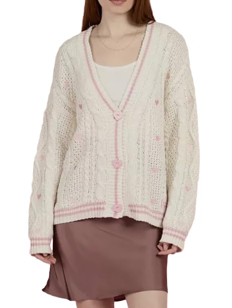 Women Knit Lover Cardigan V Neck Knitted Sweatshirt Hearts Embroidery Cute Sweaters Pink Oversized Button Down Outwear Lvory