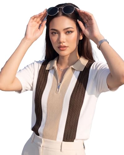Image of AUSK Women's Casual Summer Polo Knit T-Shirt | Zip Collar Top | Half Sleeves | Ribbed Panel Design | Lightweight Comfort | Regular Fit