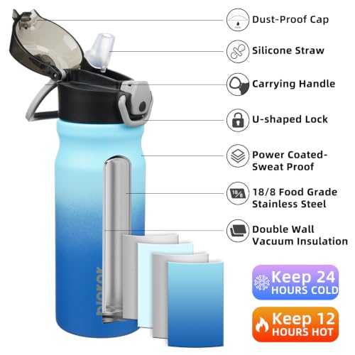 Image of BJPKPK 18 oz Water Bottle with Straw & Handle, Insulated Stainless Flask | Leak Proof Locking Lid, Thermal, Double Wall Vacuum, Keeps Hot /Cold, BPA Free, Dishwasher Safe, Travel & Sports, Sky