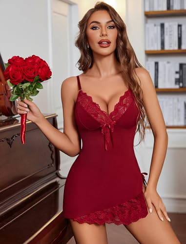 Avidlove Women Lingerie Lace Modal V Neck Sexy Chemise Nightgown Wine Red - image 4