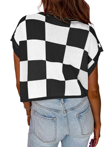 Saodimallsu Womens Cap Sleeve Crop Tops Summer Color Block Going Out Crew Neck Knit Trendy Casual Sweater