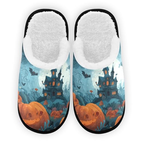 Halloween House Green Slippers For Women Men Soft Memory Foam Non-Slip Hallowmas Winter Indoor House Shoes Travel Slipper