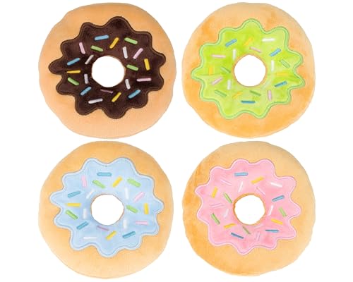 Gyapet Doy Toy Donut Squeaky Plush Assorted with Sprinkles 6 inch Stuffed Dessert Chew Sound Interactive Pet Gift Funny Cute [4pcs] Mix Colors