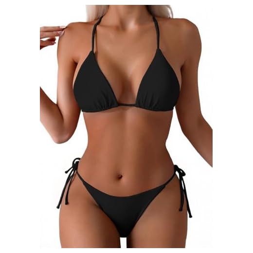 Tainehs Women's Sexy Halter Thong Bikini Tie Two Sides Bottom Triangle Bikini Swimsuits Black