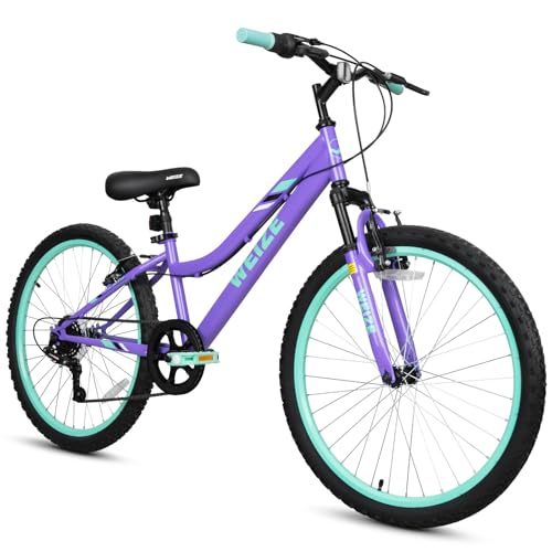 WEIZE 24 Inch Kid Mountain Bike,Kid Bike for Girls Age 6-14 Year Old,6 Speed Kid Bicycle with Front Suspension Fork,Adjustable Seat Height,High-Carbon Steel Frame,Ideal for Girl Adventurers,Purple