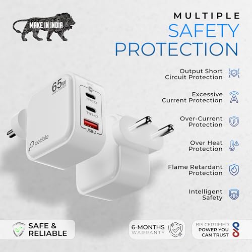 Image of Pebble PWC121 65W GaN Ultra Fast Charger | 3-Port Compact Adapter (2 Type-C + 1 USB) | Smart Power Delivery | Excessive Power & High Voltage Protection | Lightweight Travel-Friendly with Cable