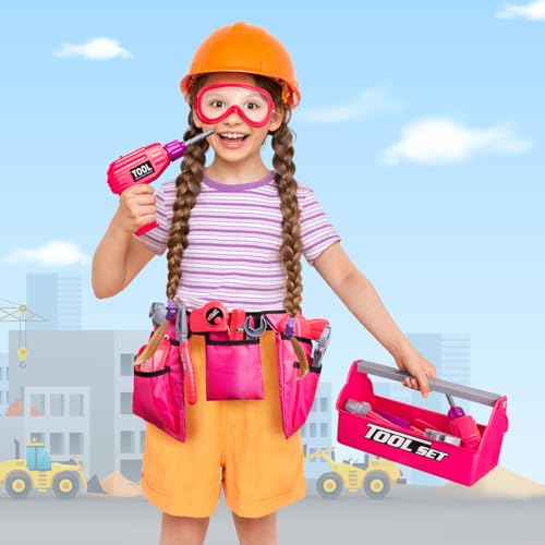 LOYO Kids Tool Set - 30Pcs Pretend Play Tool Toys with Kids Tool Belt, Electric Toy Drill, Construction Tool Box Kit Kids Toys Gift for Girl Boys Age 3 4 5 6 Years OldPink - Image 3