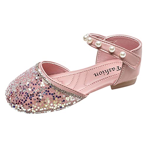 Summer Children Girls Sandals Flat Bottom Round Toe Lightweight Breathable Sequins Pearl Hook Loop Slide for Big Kids