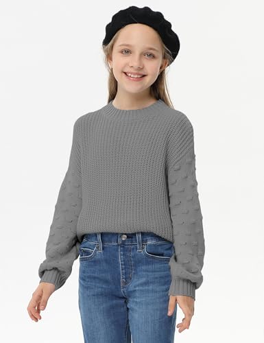 Image of Girls Crewneck Knit Pullover Sweaters Long Lantern Sleeve Oversized Knit Cute Jumper Tops