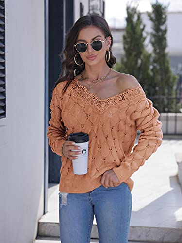 Yousify Women Lace V Neck Long Sleeve Pullover Sweaters Lightweight Knit Solid Color Novelty Jumper Tops4