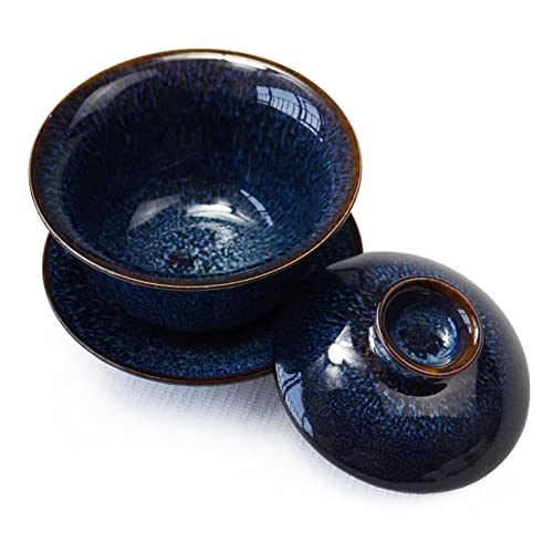 Image of Liang baobao Porcelain Gaiwan 6oz Teacup Color Glazed Cups Tureen Chinese Sancai Cover Bowl Lip Saucer Set (Blue)