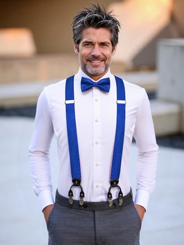 Image of Hi-Tie Men Suspender Bowtie Set Suspenders Pre-tied Bow Tie Pocket Square Cufflinks Adjustable Y Shape 6 Clips Braces Tuxedo