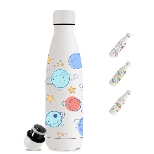 Mujigaga Botella Agua Acero Inoxidable, 500ml Botella Termica, A Prueba de Fugas, Cantimplora con Planeta, Doble Aislamiento, Cantimplora Acero Inoxidable, para la Escuela, Viajar, Cámping, Oficina