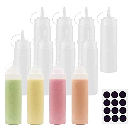 UniquQ 12 Pcs Bouteilles à Sauce avec Couvercle Vissable Bouteille en Plastique avec Étiquette Noire 240ml sans BPA pour Moutarde Sauce, Ketchup, Vinaigrette, Huile, Ketchup