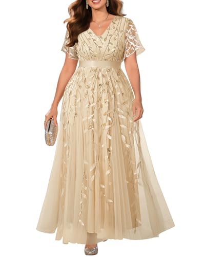 Plus Size Gold Dress Champagne Mother of Bride Formal Evening Gowns Wedding Guest Long Bridesmaid Prom Dresses Sleeves