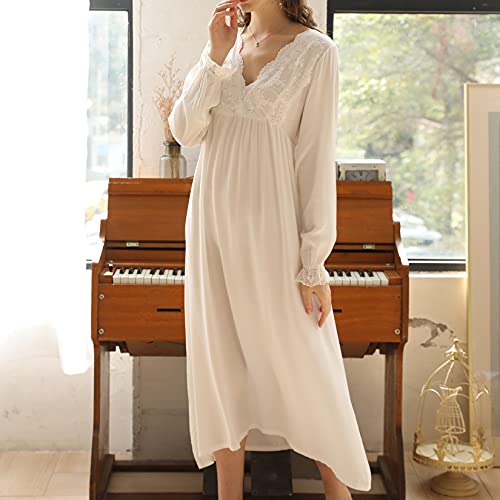 Lu's Chic Women's Long Sleeve Victorian Nightgown Cotton Pajama Dress Sleep Vintage Night Gown Soft V Neck Lace Luxury Sleepwear Calf Length Solid White Large #TOP3