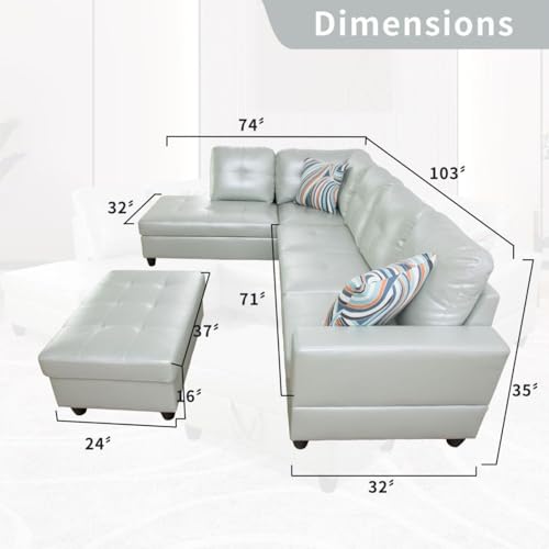 Image of L-Shaped 3-Piece Semi PU Synthetic Leather Sofa with Storage Ottoman Set, Sectional Couch Sofa Set for Living Room, Office, Small Space, Silver Green