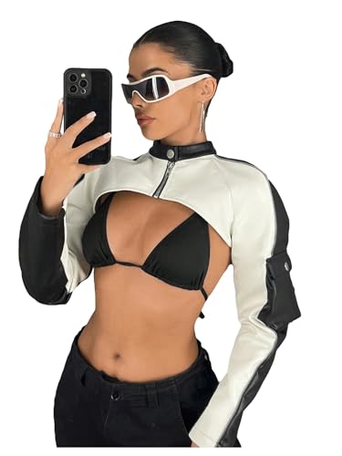 Verdusa Women's Motorcycle Color Block Leather Jacket Zip Up Long Sleeve Crop Jacket outwear
