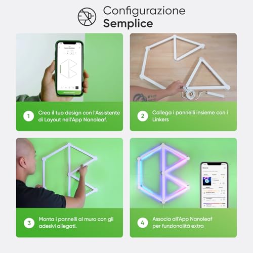 Lines 60 Degrees Starter Kit, 9 Barre Luminose LED RGBW Smart e Modulari - Applique da Parete Interno Modulari, Luci Led 16M Colori WiFi - Illuminazione - Immagine 5