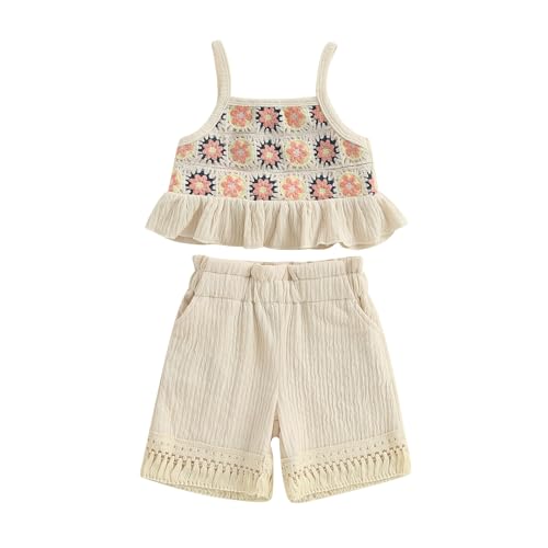 Toddler Baby Girl Crochet Outfit Floral Ruffle Camisole Tank Tops Tassels Linen Shorts Set 2Pcs Kid Boho Summer Clothes (Apricot, 12-18 Months)