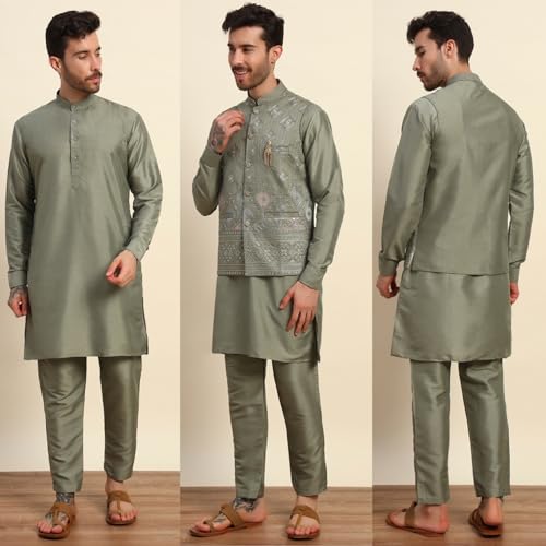 Mens Heavy Cotton Silk Sequence Kurta Trouser Set With Waistcoat (Nehru Jacket) (C-118)3