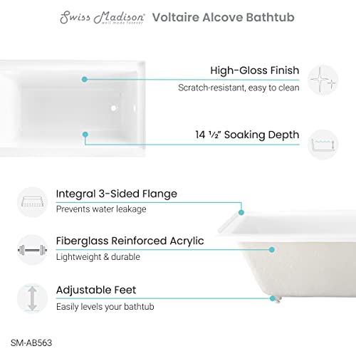 Swiss Madison Well Made Forever SM-AB563, Voltaire 54 in x 30 in Acrylic Glossy White, Alcove, Integral Right-Hand Drain, Bathtub