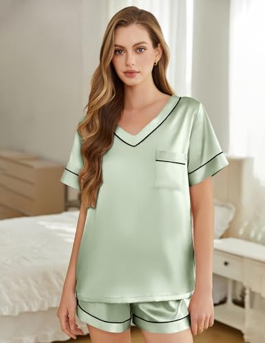 Image of Silk Pajamas for Women Short Sleeve Satin 2 Piece Pj Set Soft V Neck Sleepwear Loungewear, S-XXL