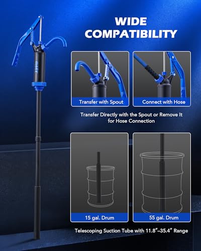 Image of OMT 55 Gallon Drum Pump, Fits 5 to 55 Gallon Drums & Barrels | Lever Action Barrel Pump with 3 Section Suction Tube for Transfer of Chemicals, Acidic Solutions, Fuels, Water Based Fluids