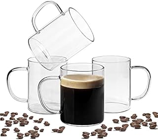 ComSaf 400ml Glass Coffee Mugs Set of 4, Clear Glass Coffee Cup with Big Handle, Large Borosilicate Glass Mug for Tea Milk or Hot Cold Beverages, Crystal Drinking Glass for Birthday