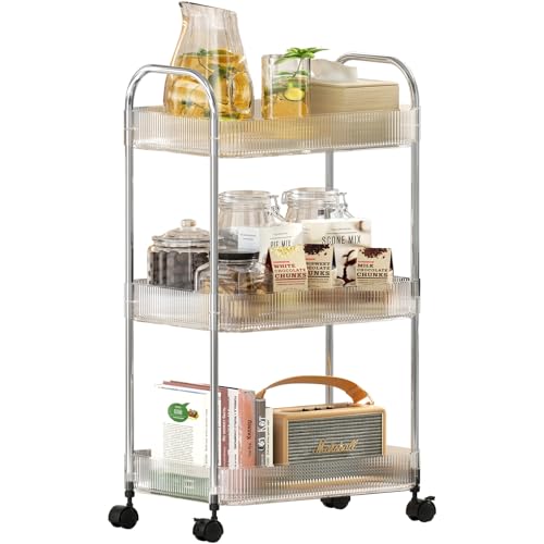 STARLATTA 3 Tier Rolling Cart with Wheels, Utility Trolley with Handle, Clear Acrylic Movable Storage Organizer for Kitchen, Bathroom, Nursery, Laundry, Book, Snack, Craft