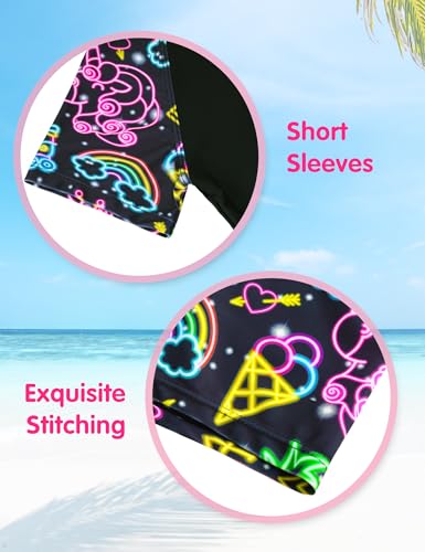 Image of Girls Swimsuit Colorful Short Sleeve Bathing Suits UPF 50+ Rash Guard Set Two Piece Summer Swimwear