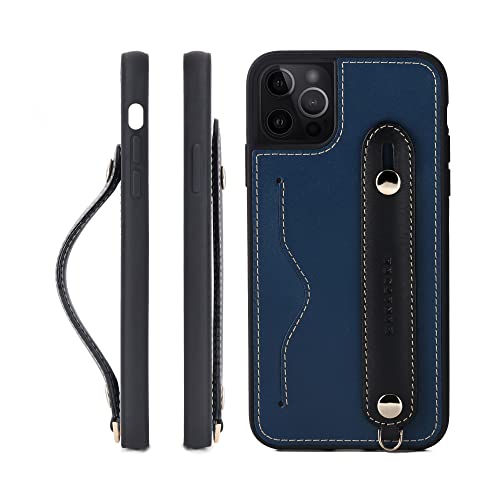 iPhone 14 Pro Max ケース 本革 グリップケース レザー ストラップ付属 イタリア製牛革 ヌメ革 片手操作 カード収納 スタンド機能 メンズ レディース ブルー/ブラック CGH-14ProMax-Blue-BK