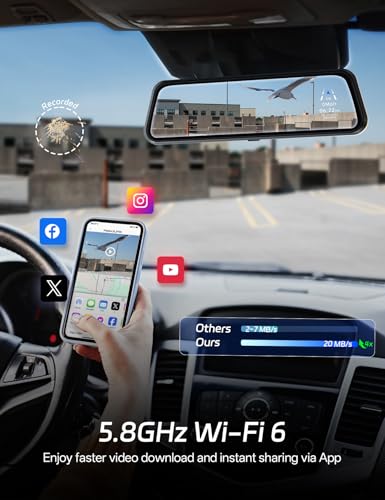 Pelsee P10 Plus 4K Rear View Mirror Camera with ADAS and BSD, 5.8GHz WiFi Mirror Dash Cam Front and Rear, Backup Camera for Car, GPS, 64GB Card Included, WDR Night Vision, Voice Control, 10” Display