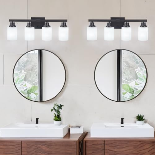 Image of Bathroom Light Fixtures 4-Light Matte Black Vanity Light 24in | Bathroom Vanity Lights with White Frosted Ribbed Glass Shade Bathroom Lights over Mirror Wall Sconces for Mirror E26 Base