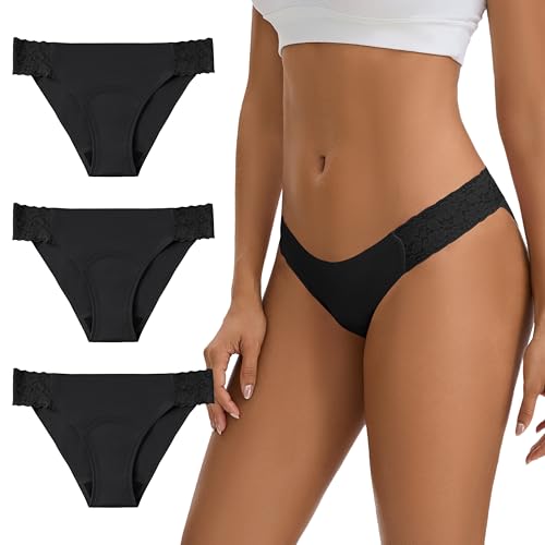 Women's Period Underwear Seamless No Show Invisible Lace Leakproof Menstrual Bikini Panties 3-Pack